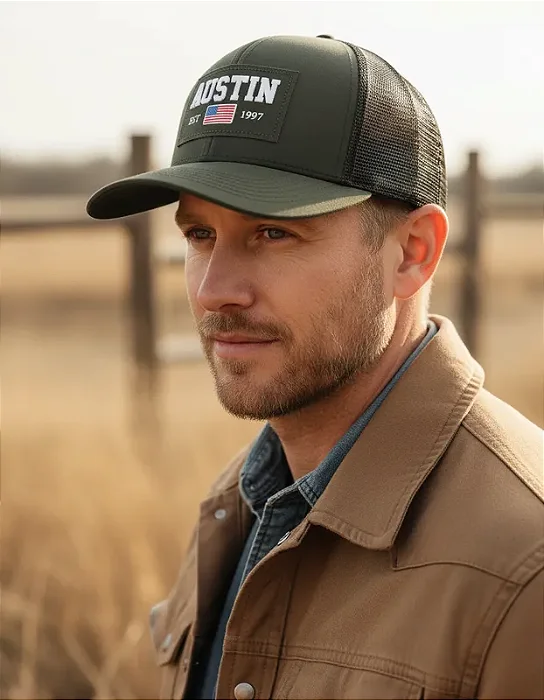 BONÉ AUSTIN WESTERN TELA VERDE LOG BCO