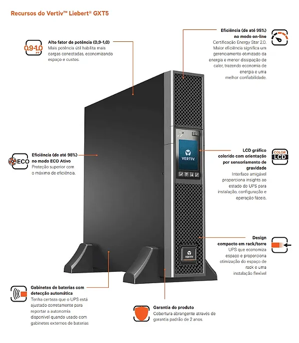 Nobreak VERTIV Liebert (UPS) GXT5  2kVA / 2000VA 120V - GXT5-2000LVRT2UXLB - Rack/Torre + NBR Outlets