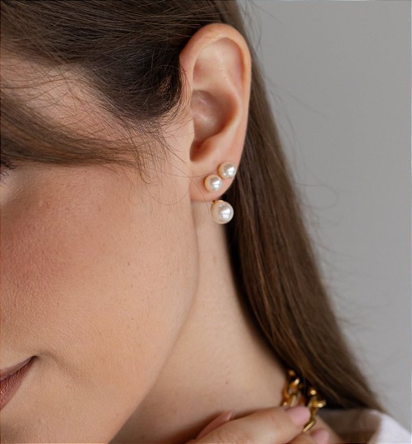 BRINCO EAR JACKET OURO MARIA DUAS PÉROLAS BANHADO A OURO 18K