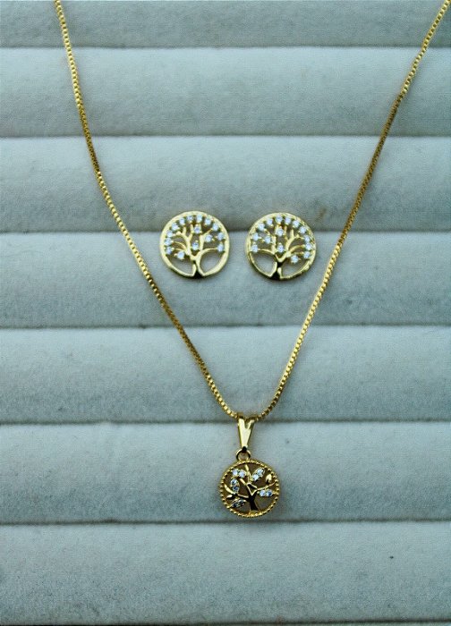 Conjunto Árvore da Vida cravejado Banhado a Ouro 18k