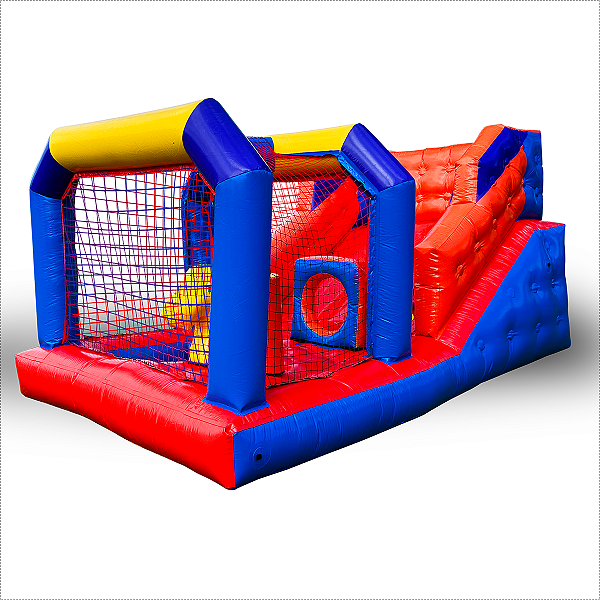 Mini Tobogã Inflável 3 em 1 - Piscina, Escorrega e Obstáculos - Vermelho e Azul Multicolor - c/ Motor