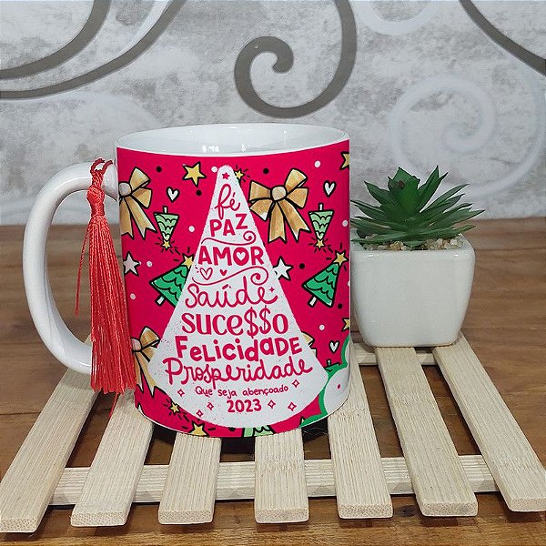 Caneca Natalina - Feliz Natal Papai Noel e arvore de desejos