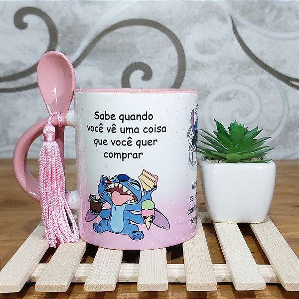 Caneca Stitch Compro Mesmo Assim - alça com colher rosa