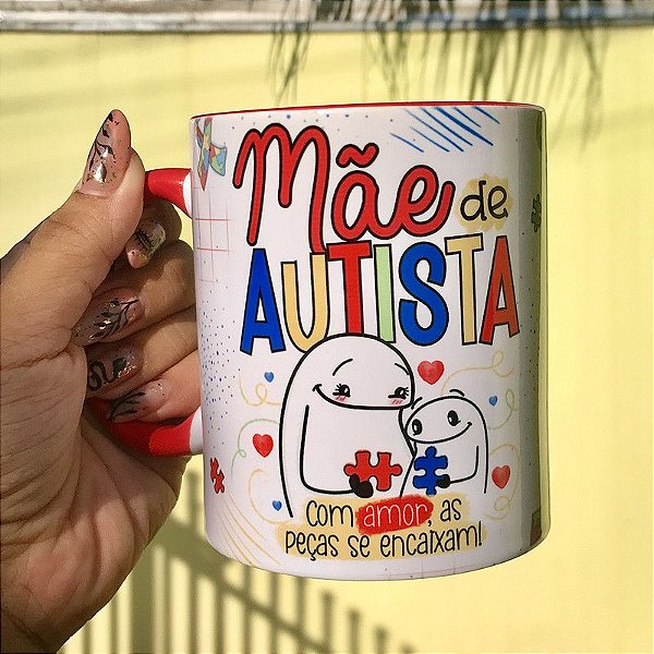 Caneca Mãe de Autista - alça e interior vermelha