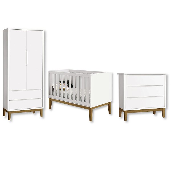 Quarto de Bebê Berço + Cômoda + Guarda Roupa Branco Classic