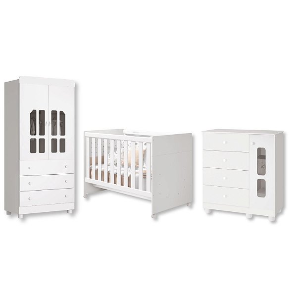 Quarto de Bebê Berço + Cômoda + Guarda Roupa Katatau Branco Brilho