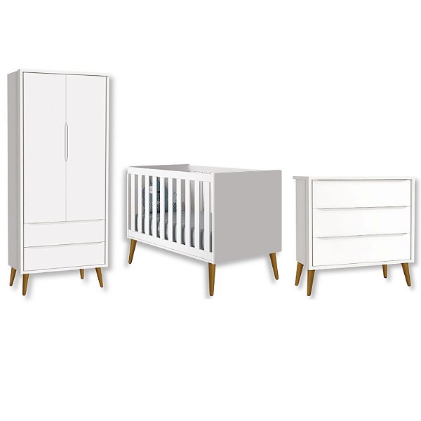 Quarto de Bebê Berço + Cômoda + Guarda Roupa Retrô Branco Theo