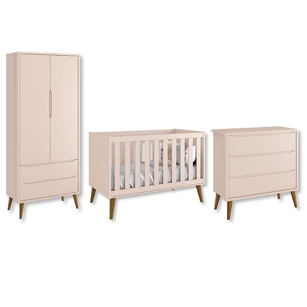 Quarto de Bebê Berço + Cômoda + Guarda Roupa Retrô Rosa Theo