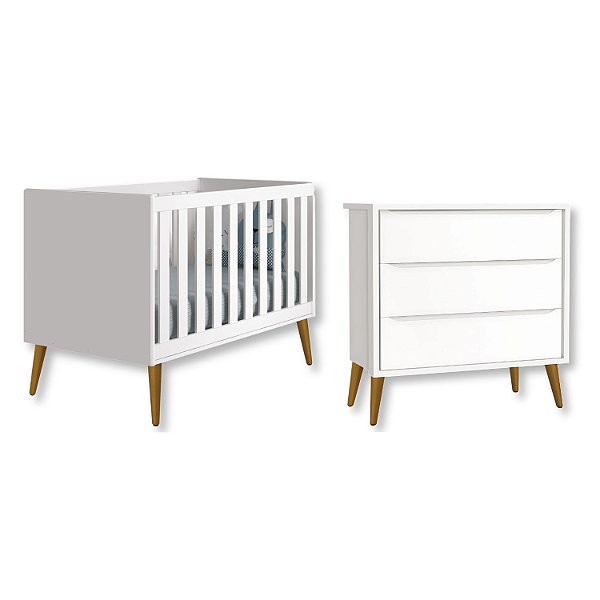 Quarto de Bebê Berço + Cômoda 3 Gavetas Branco Theo