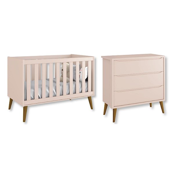 Quarto de Bebê Berço + Cômoda 3 Gavetas Rosa Theo