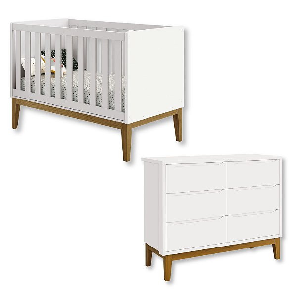 Quarto de Bebê Berço Mini Cama + Cômoda 6 Gavetas Branco Classic