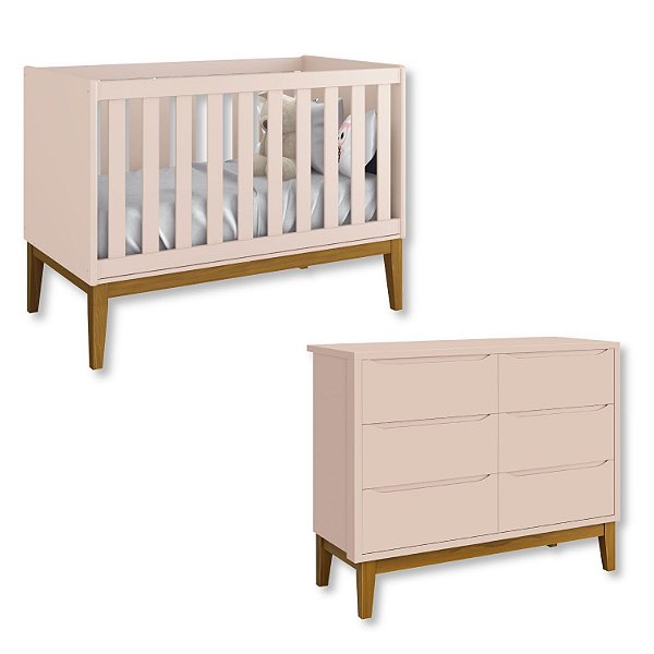 Quarto de Bebê Berço Mini Cama + Cômoda 6 Gavetas Rosa Classic