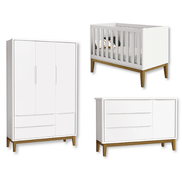 Quarto de Bebê Berço + Cômoda Sapateira + Guarda Roupa 3 Portas Branco Classic
