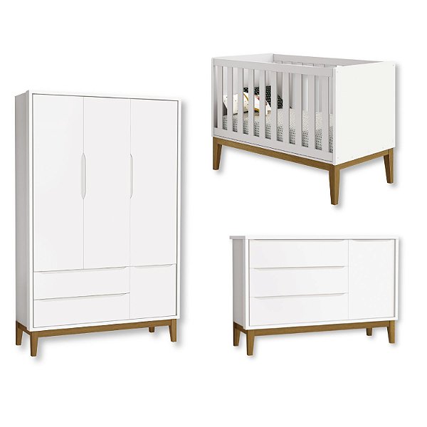 Quarto de Bebê Berço + Cômoda Sapateira + Guarda Roupa 3 Portas Branco Classic