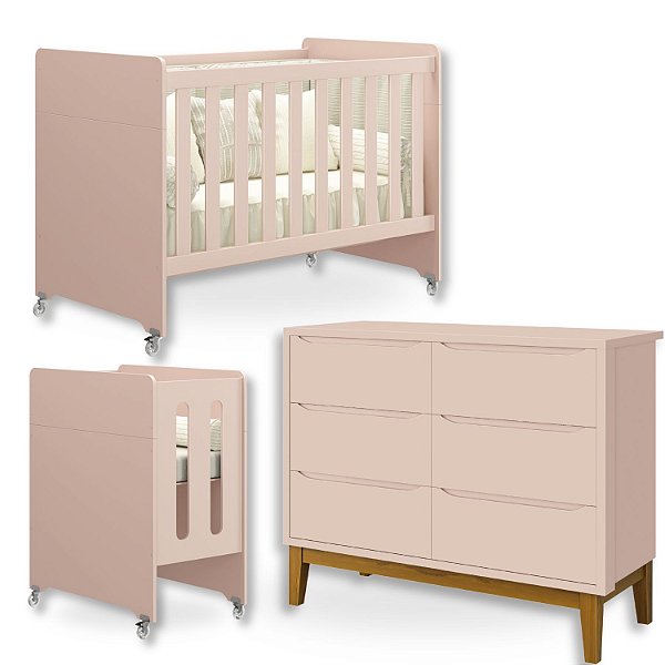 Quarto de Bebê Berço Evolution + Cômoda 6 Gavetas Classic Rosa