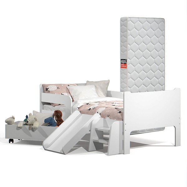 Mini Cama Infantil Montessoriana com Baú Bella Branca + Colchão