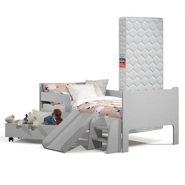 Mini Cama Infantil Montessoriana com Baú Bella Cinza + Colchão