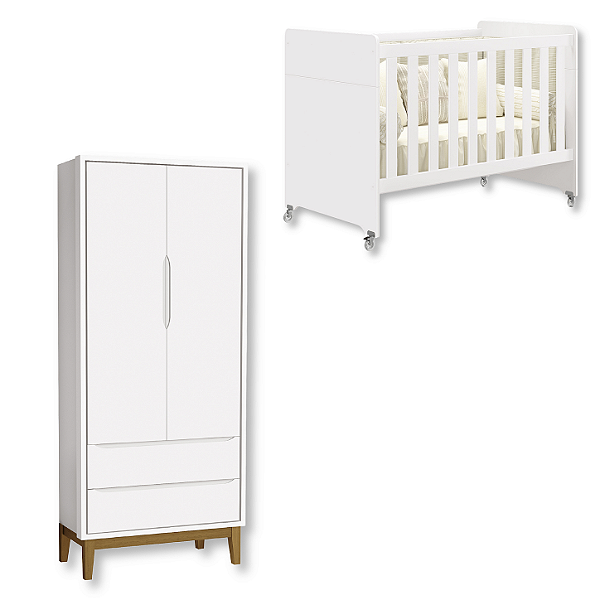 Quarto de Bebê Berço Evolution + Guarda Roupa 2 Portas Classic Branco