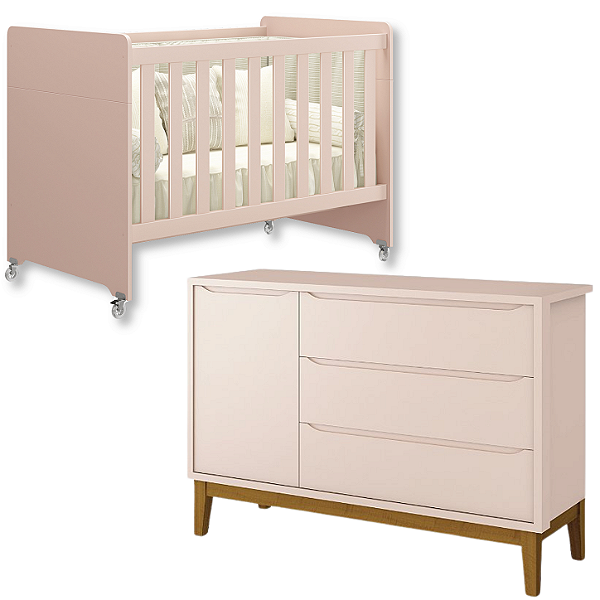 Quarto de Bebê Berço Evolution + Cômoda 1 Porta 3 Gavetas Classic Rosa