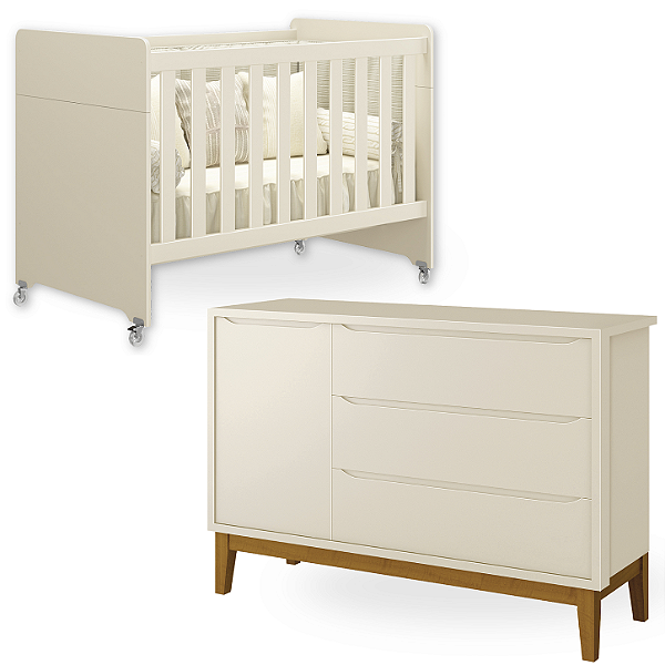 Quarto de Bebê Berço Evolution + Cômoda 1 Porta 3 Gavetas Classic Areia