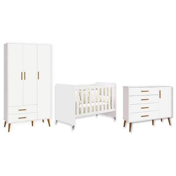 Quarto de Bebê Berço Evolution + Cômoda + Guarda Roupas Isis Branco Fosco