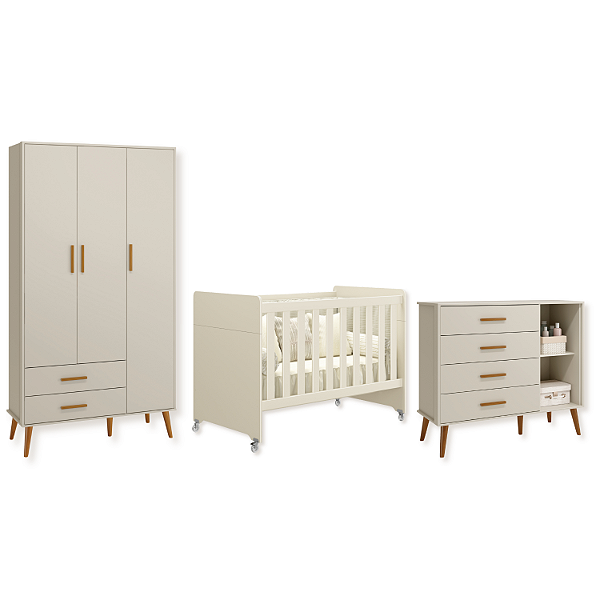 Quarto de Bebê Berço Evolution + Cômoda + Guarda Roupas Isis Areia Fosco