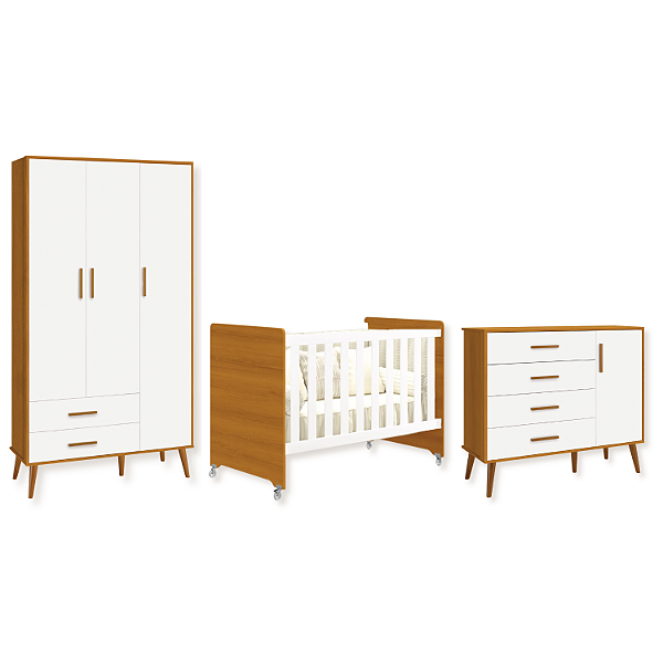 Quarto de Bebê Berço Evolution + Cômoda + Guarda Roupas Isis Branco Fosco com Amadeirado