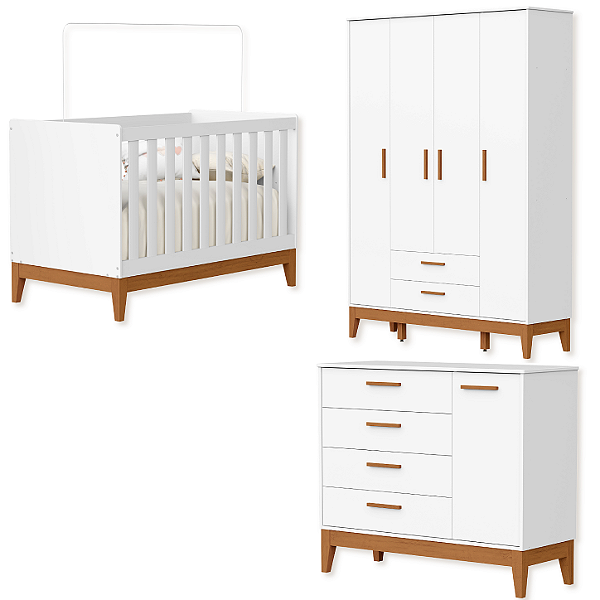 Quarto de Bebê Berço + Cômoda + Guarda Roupas Branco Fosco Flip