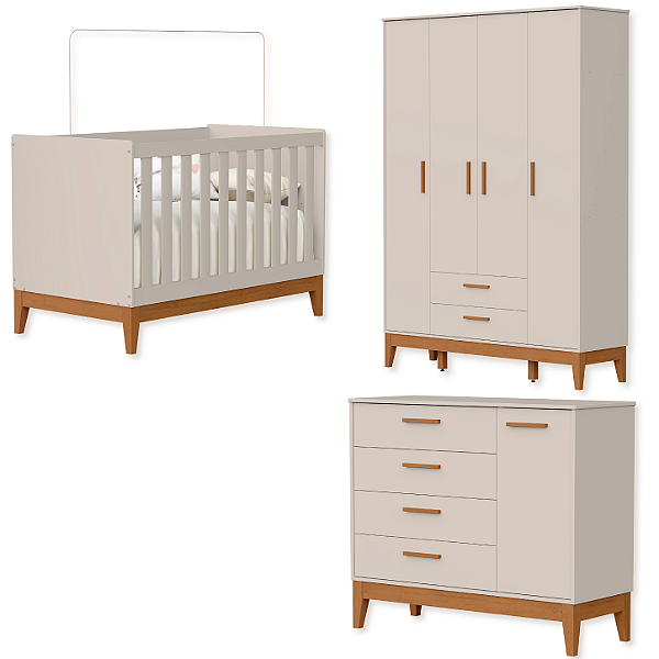 Quarto de Bebê Berço + Cômoda + Guarda Roupas Areia Fosco Flip