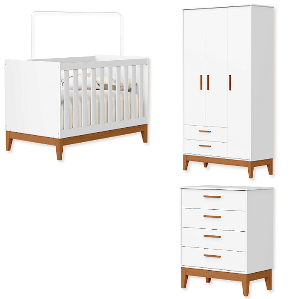 Quarto de Bebê Berço + Cômoda + Guarda Roupas Branco Fosco Flip