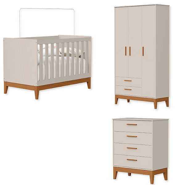 Quarto de Bebê Berço + Cômoda + Guarda Roupas Areia Fosco Flip