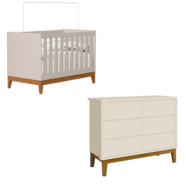 Quarto de Bebê Berço Flip + Cômoda Infantil 6 Gavetas Areia Fosco Classic