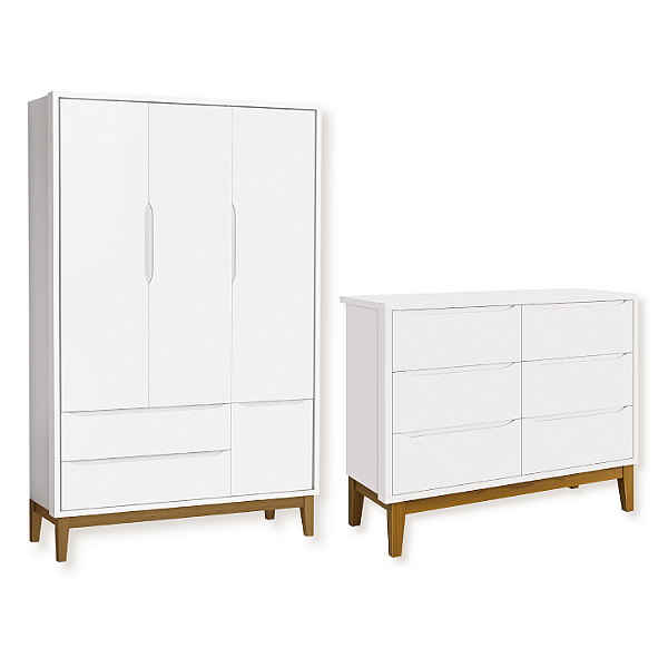 Quarto de Bebê Guarda Roupa Classic + Cômoda 6 Gavetas Branco Fosco