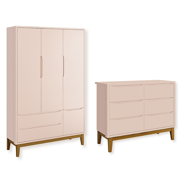 Quarto de Bebê Guarda Roupa Classic + Cômoda 6 Gavetas Rosa Fosco