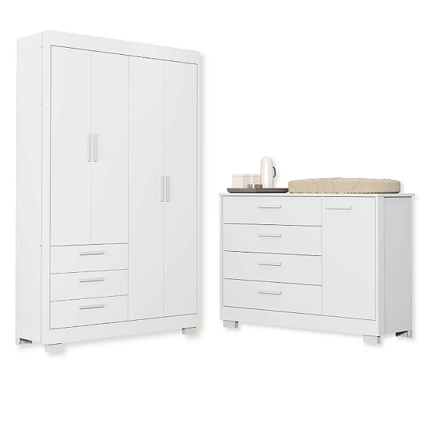 Quarto de Bebê Guarda Roupa Zaki + Cômoda Infantil 1 Porta e 4 Gavetas Branco Fosco