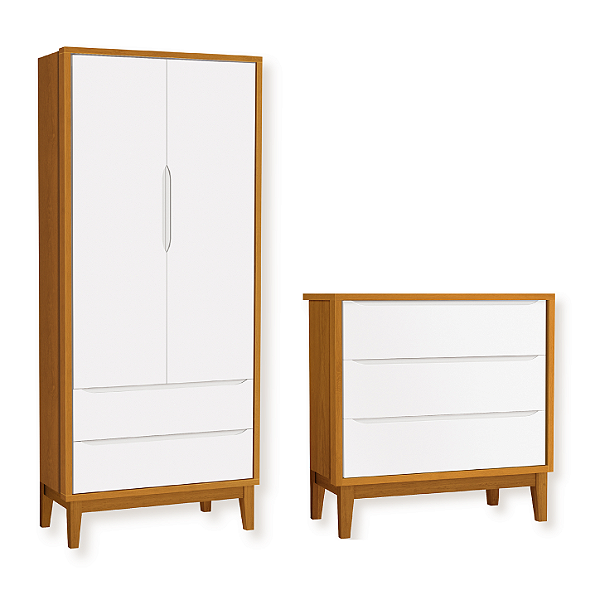 Quarto de Bebê Guarda Roupa Classic + Cômoda 3 Gavetas Branco Fosco/Savana