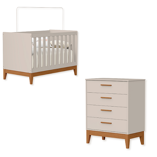 Quarto de Bebê Berço Americano Flip + Cômoda Infantil 4 Gavetas Areia Fosco
