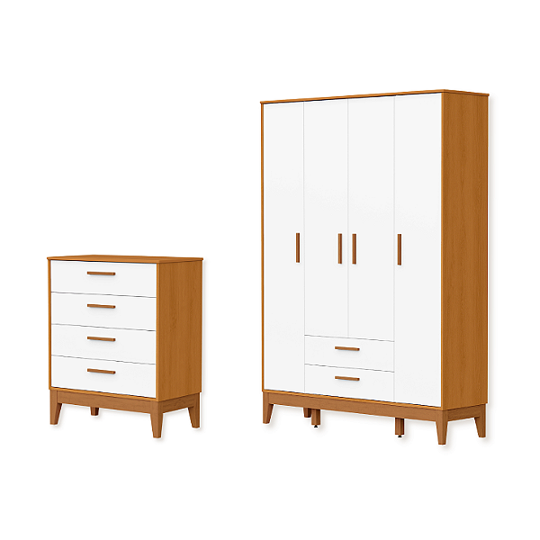 Quarto de Bebê Guarda Roupa Flip + Cômoda Infantil 4 Gavetas Branco Fosco/Savana