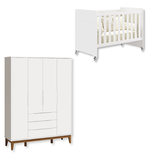 Quarto de Bebê Berço Evolution + Guarda Roupa Infantil 4 Portas Classic Branco Fosco