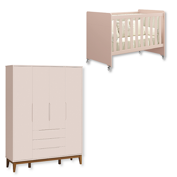 Quarto de Bebê Berço Evolution + Guarda Roupa Infantil 4 Portas Classic Rosa Fosco