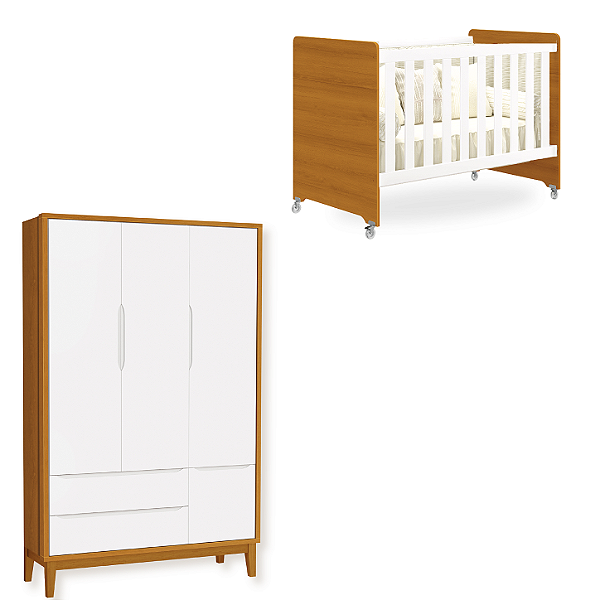 Quarto de Bebê Berço Evolution + Guarda Roupa Infantil 3 Portas Classic Branco Fosco/Savana