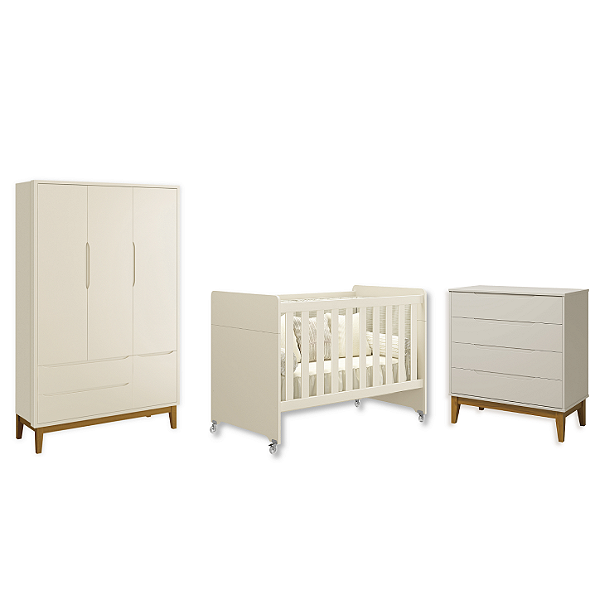 Quarto de Bebê Berço Evolution + Cômoda Gaveteira + Guarda Roupa 3 Portas Classic Areia Fosco