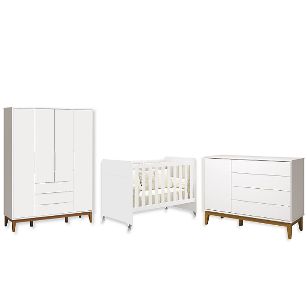 Quarto de Bebê Berço Evolution + Guarda Roupa + Cômoda Sapateira Elfe Branco Fosco