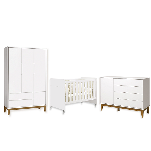 Quarto de Bebê Berço Evolution + Guarda Roupa 3 Portas + Cômoda Sapateira Elfe Branco Fosco