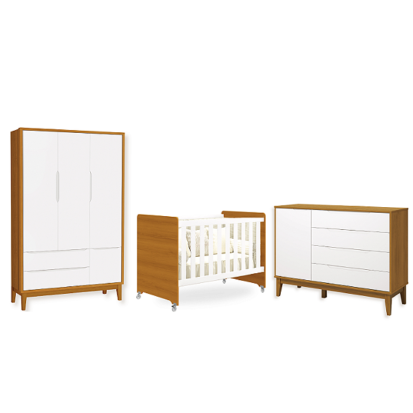 Quarto de Bebê Berço Evolution + Guarda Roupa 3 Portas + Cômoda Sapateira Elfe Branco Fosco/ Savana