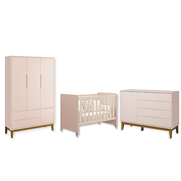Quarto de Bebê Berço Evolution + Guarda Roupa 3 Portas + Cômoda Sapateira Elfe Rosa Fosco
