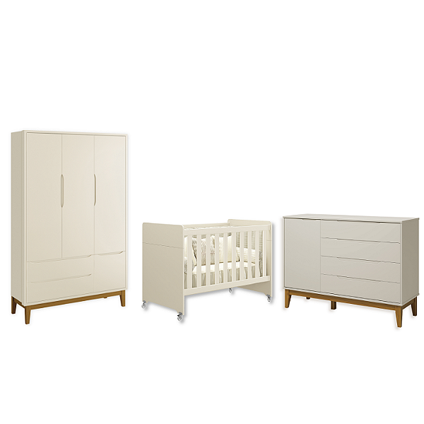 Quarto de Bebê Berço Evolution + Guarda Roupa 3 Portas + Cômoda Sapateira Elfe Areia Fosco