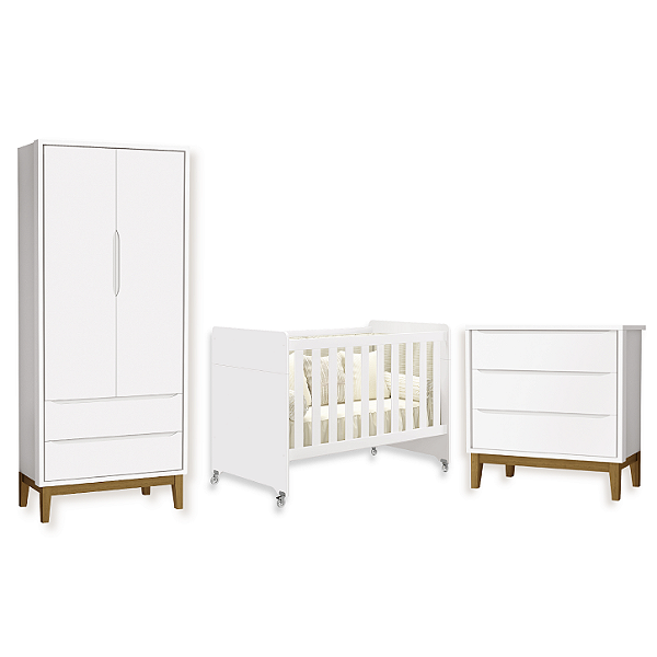 Quarto de Bebê Berço Evolution + Guarda Roupa + Cômoda 3 Gavetas Classic Branco Fosco