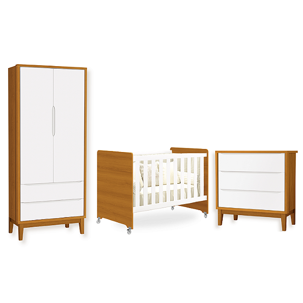 Quarto de Bebê Berço Evolution + Guarda Roupa + Cômoda 3 Gavetas Classic Branco Fosco/ Savana