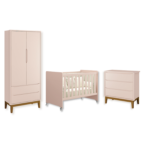 Quarto de Bebê Berço Evolution + Guarda Rousa + Cômoda 3 Gavetas Classic Rosa Fosco